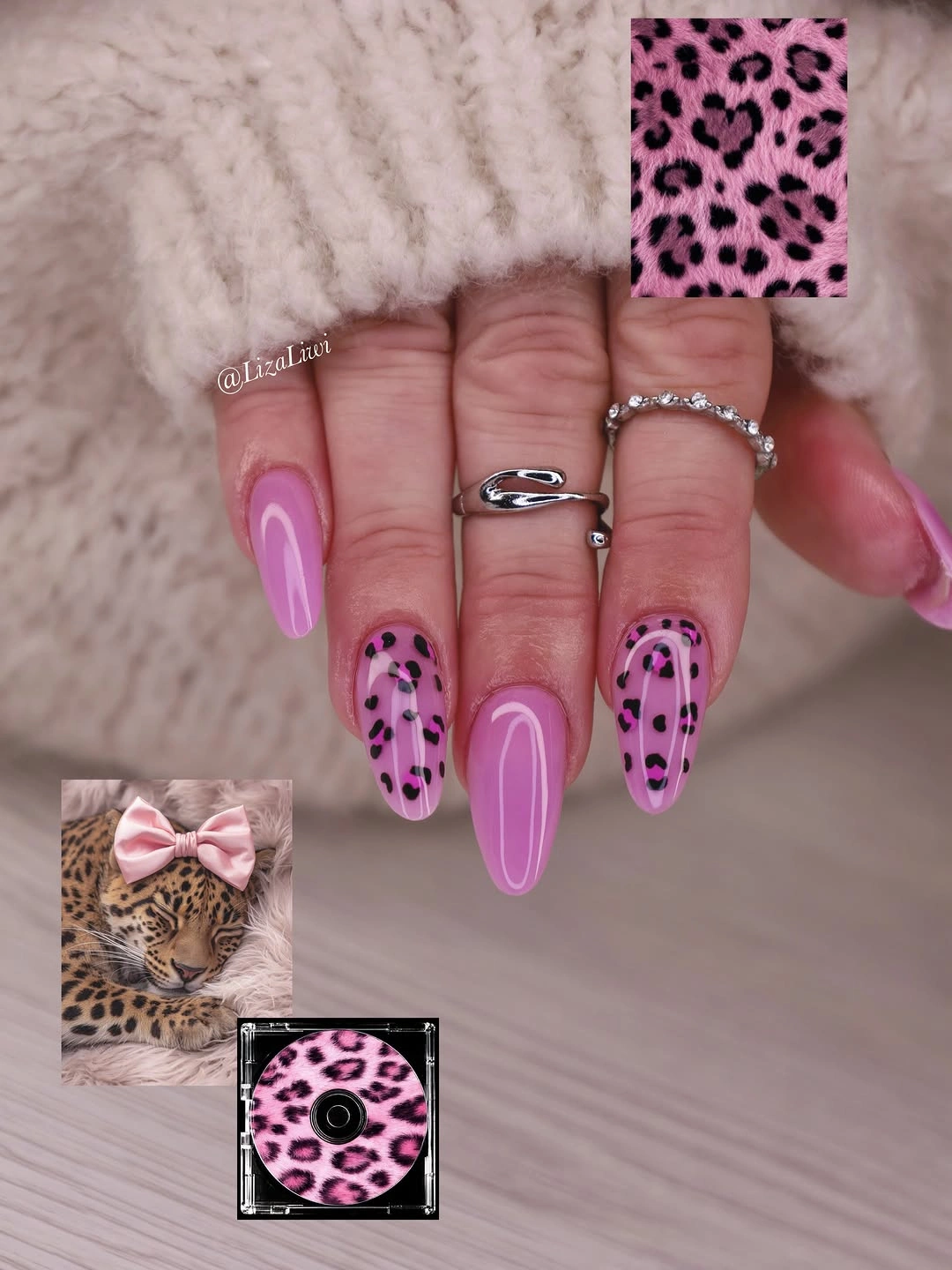 Vivid pink almond nails with black leopard-like spots and pale outlines