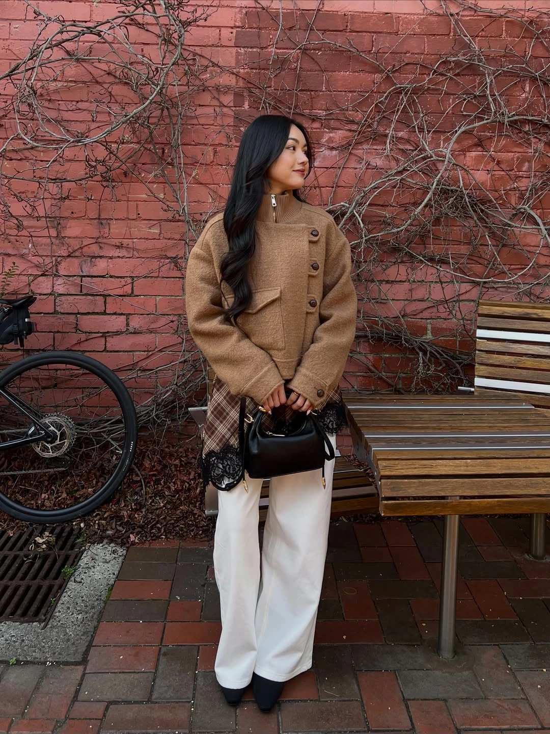 Camel cropped jacket plaid scarf and wide white trousers