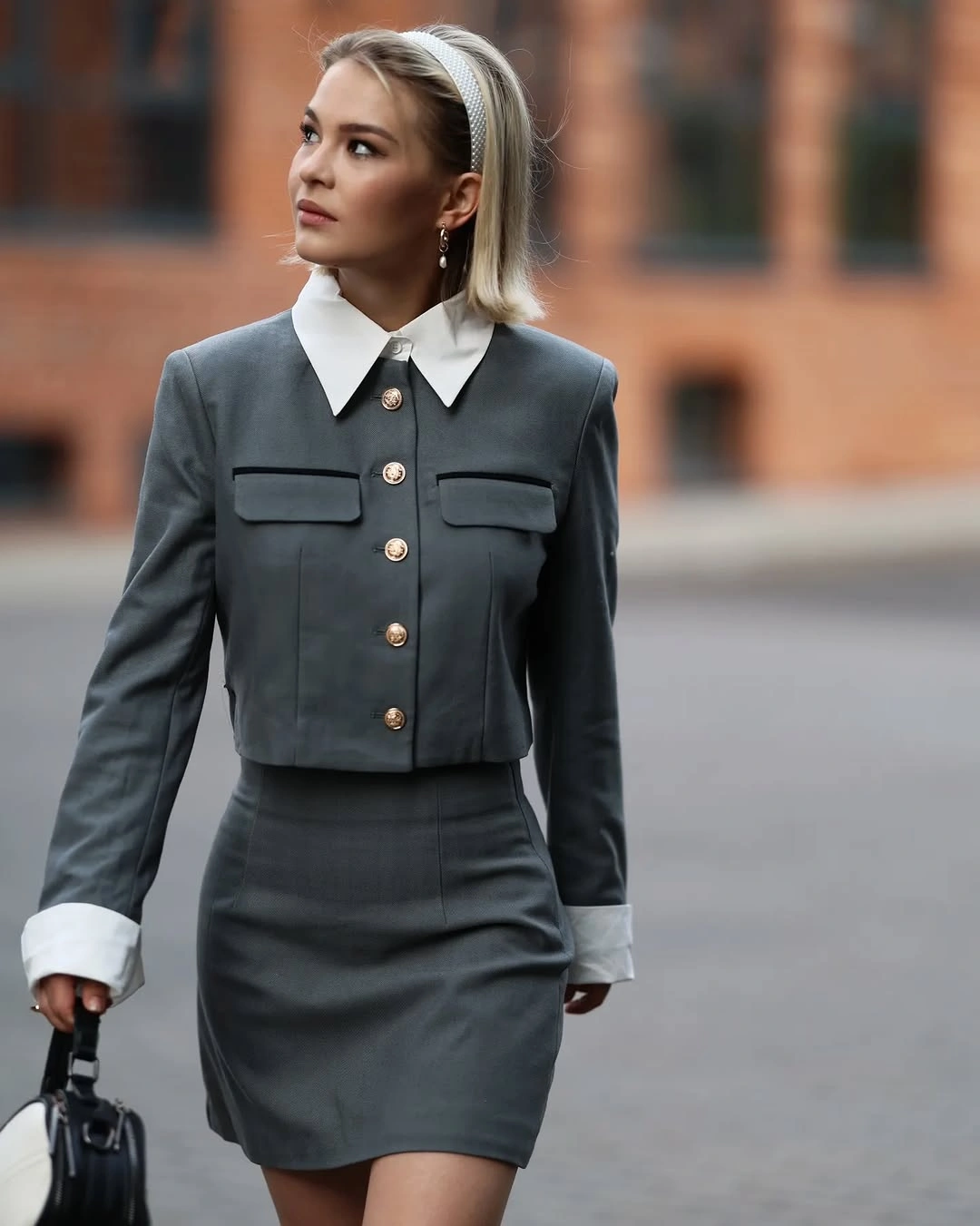 Charcoal button jacket matching skirt and white collar