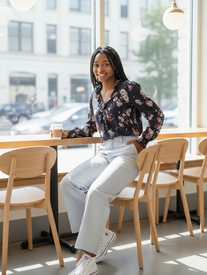 Black floral blouse light trousers and white sneakers at table