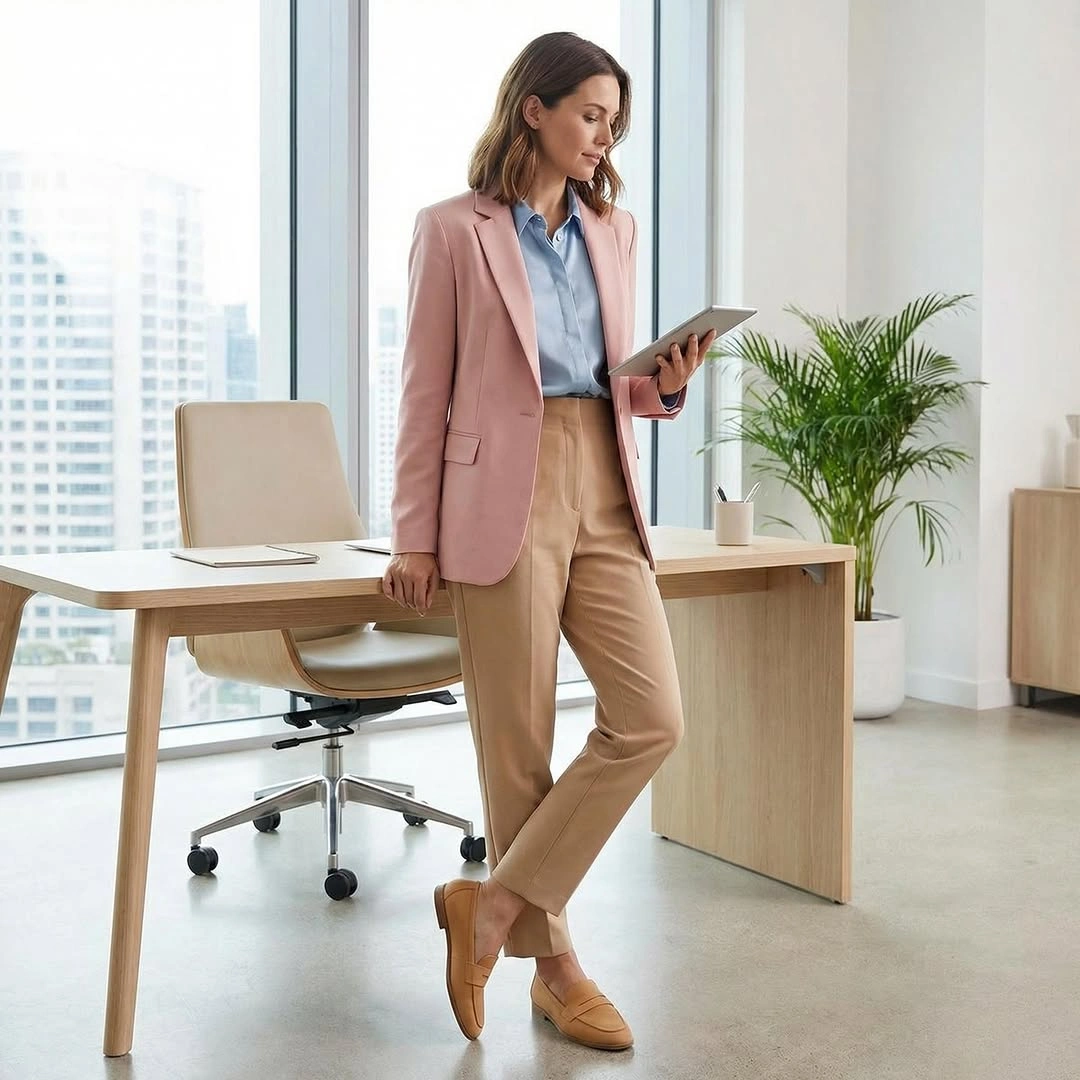 Pink blazer blue shirt beige trousers and tan loafers