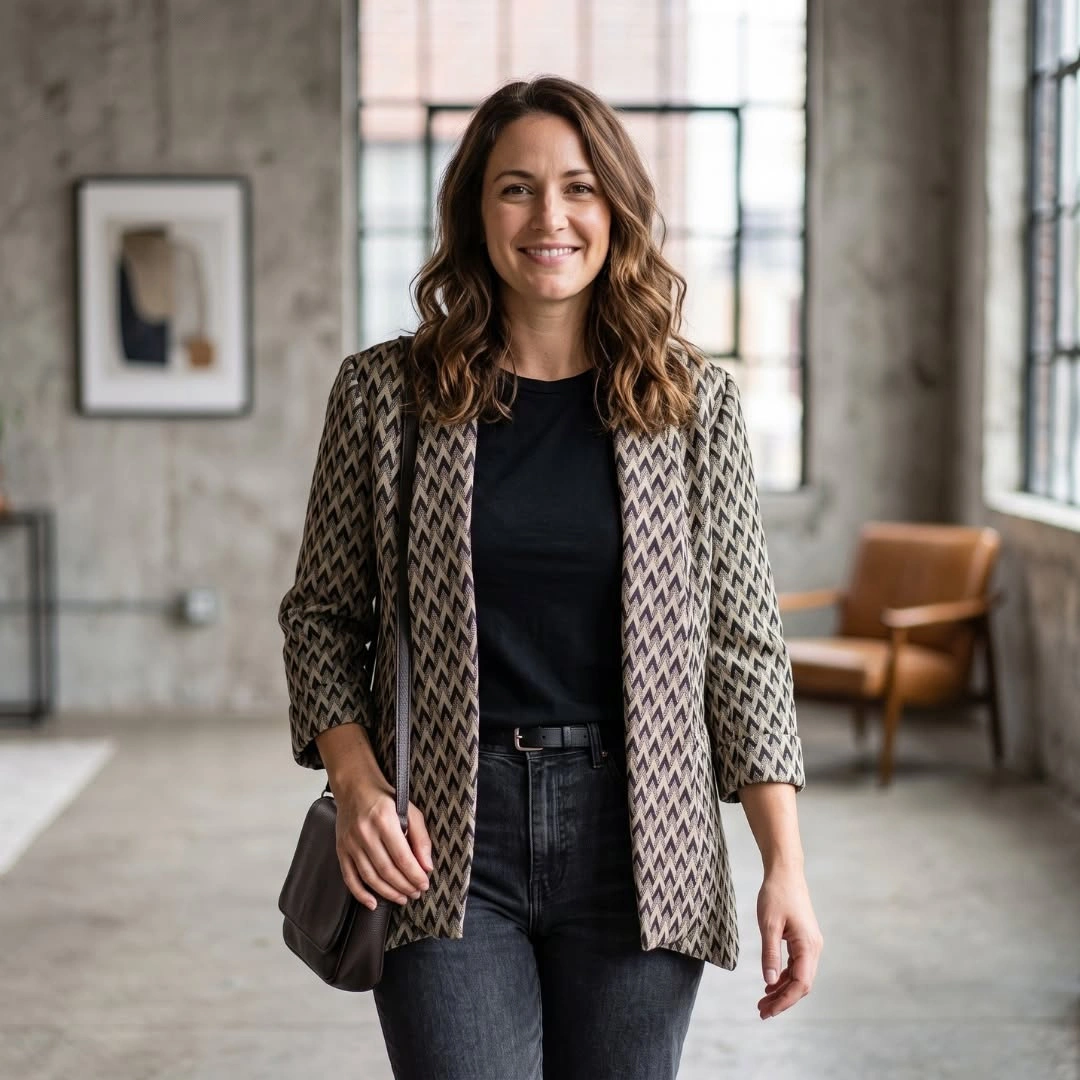 Houndstooth blazer black top jeans and dark shoulder bag