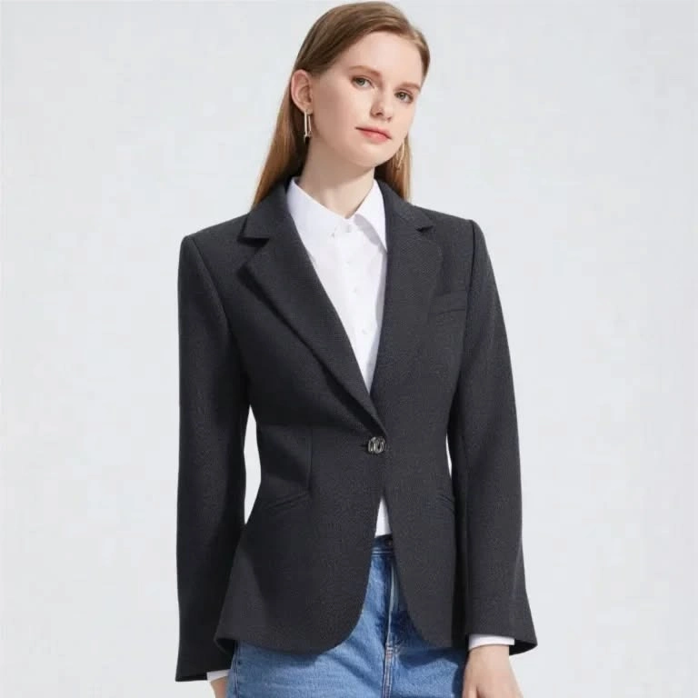 Black blazer white button-up shirt blue jeans front portrait