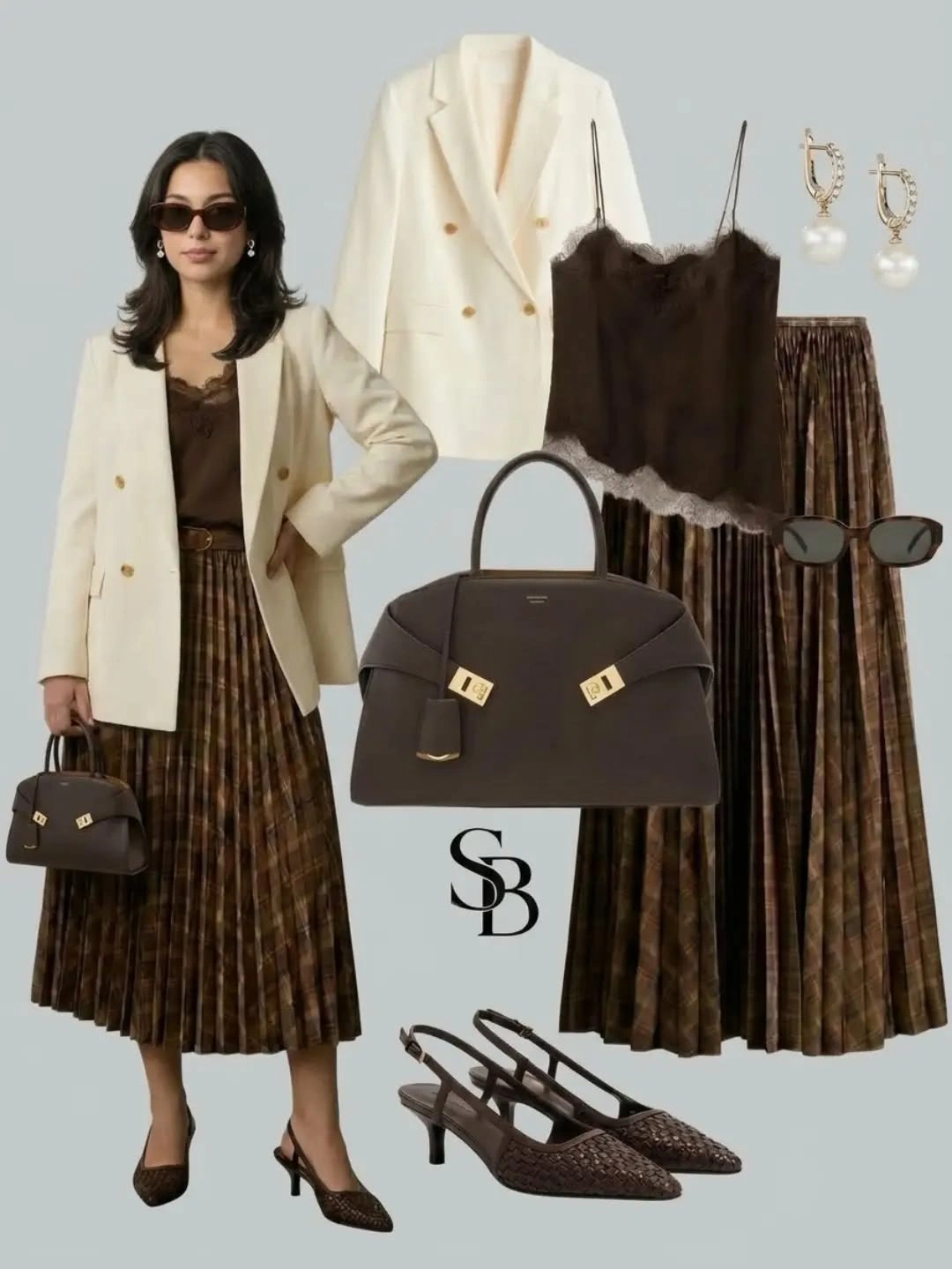 White blazer brown pleated skirt black camisole handbags and shoes