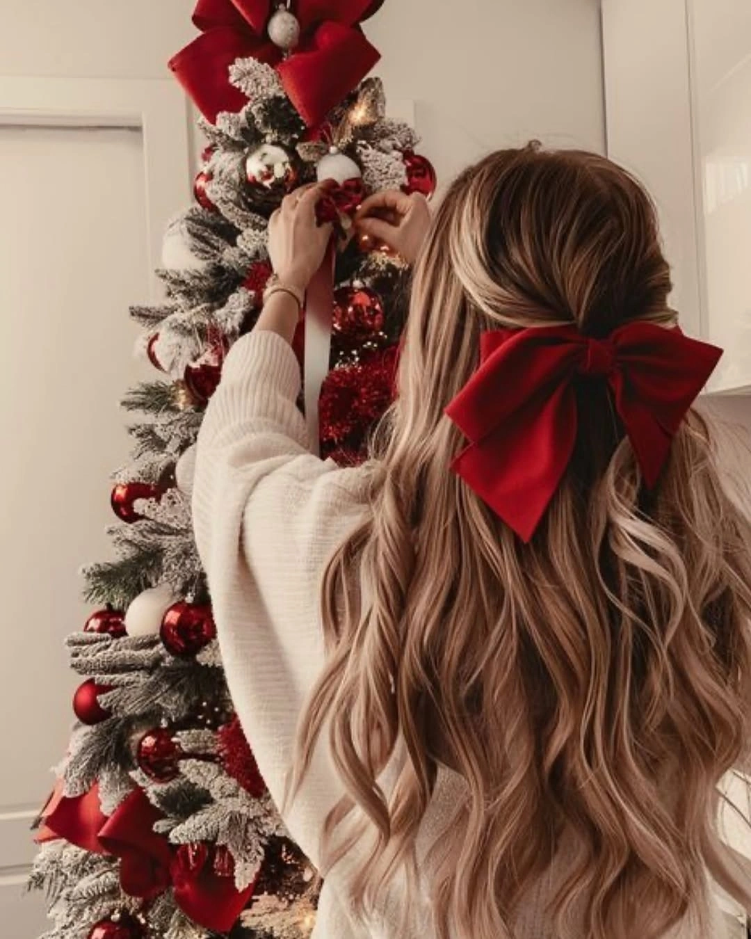 Long loose waves gathered beneath oversized red bow