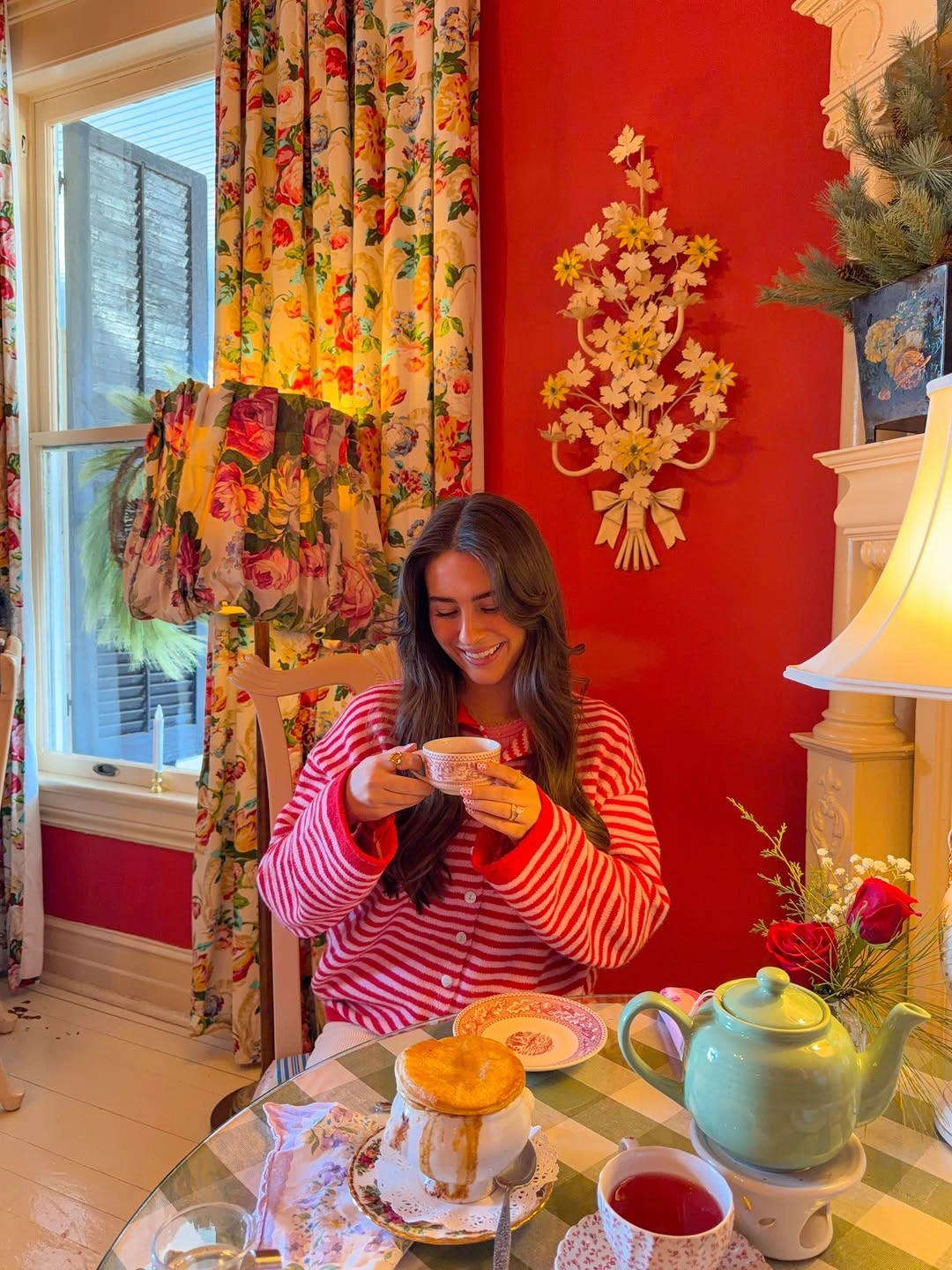 Red and white striped cardigan with solid red trim