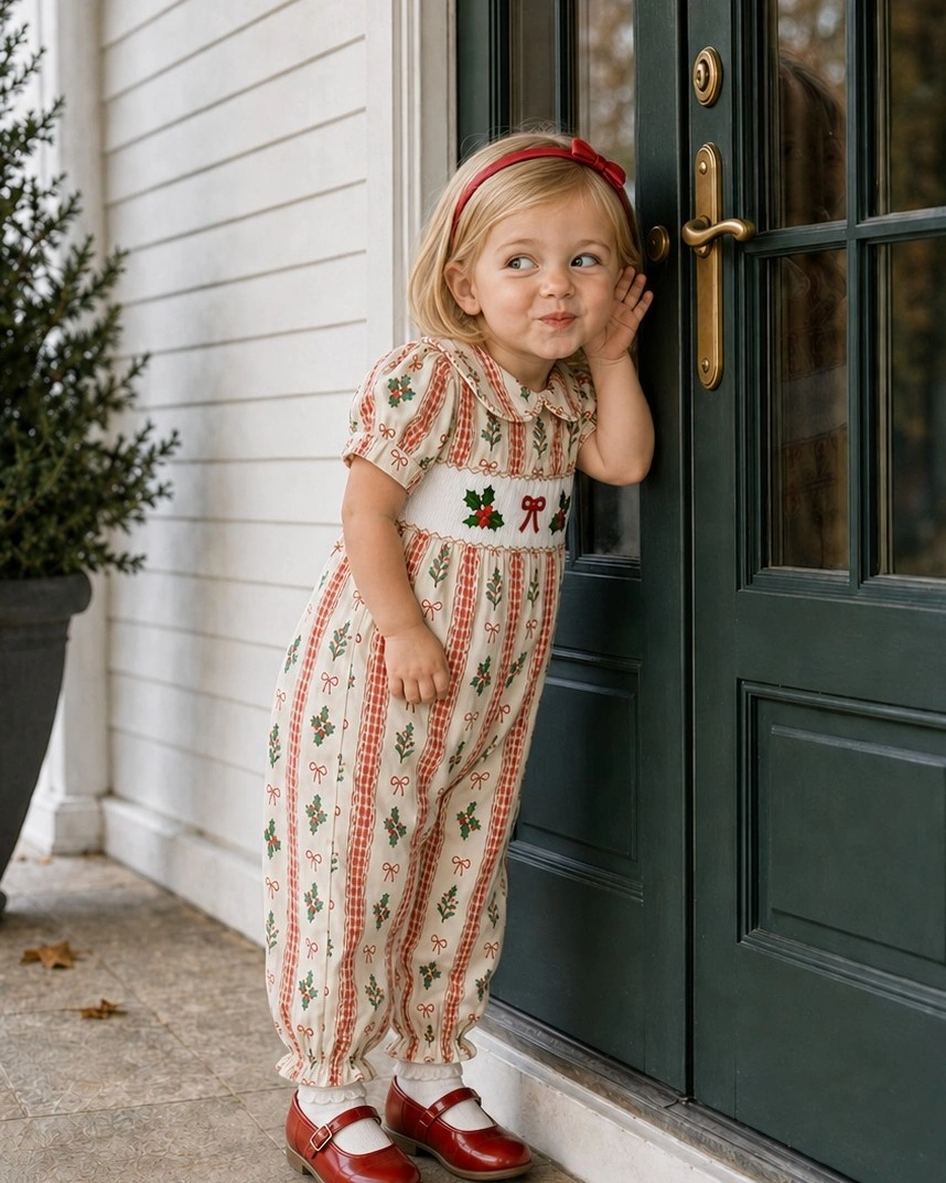 Child wears cream one-piece with red and green motifs
