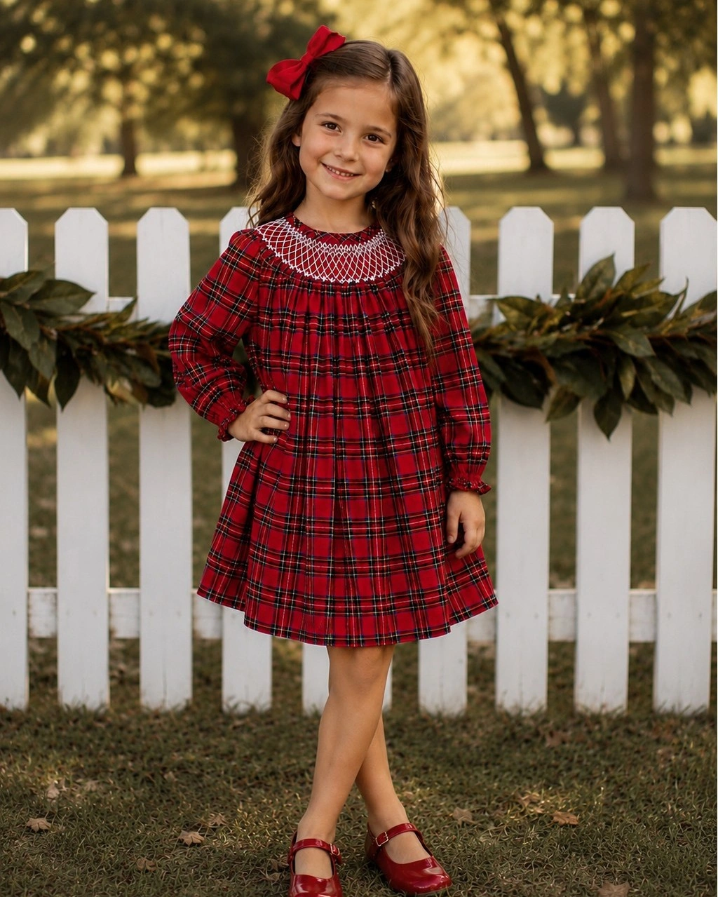 Child wears red plaid dress with bow and red shoes