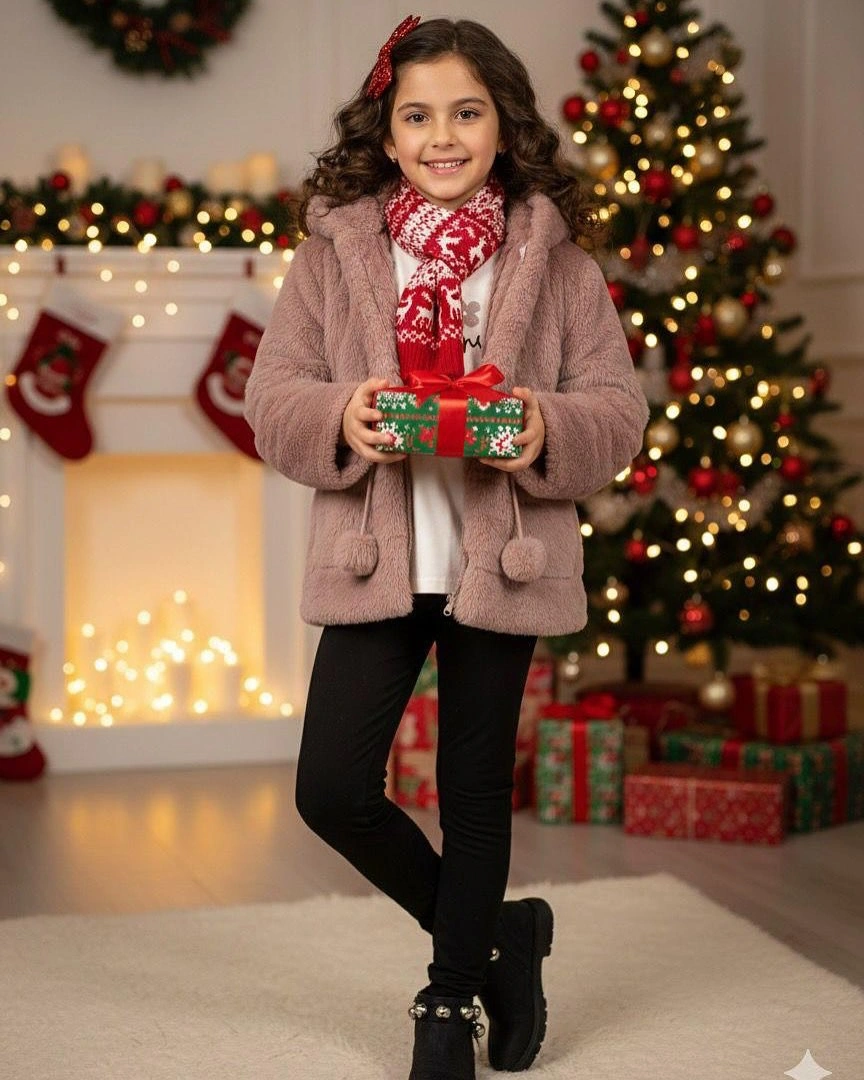 Child wears brown jacket with red and white patterned scarf