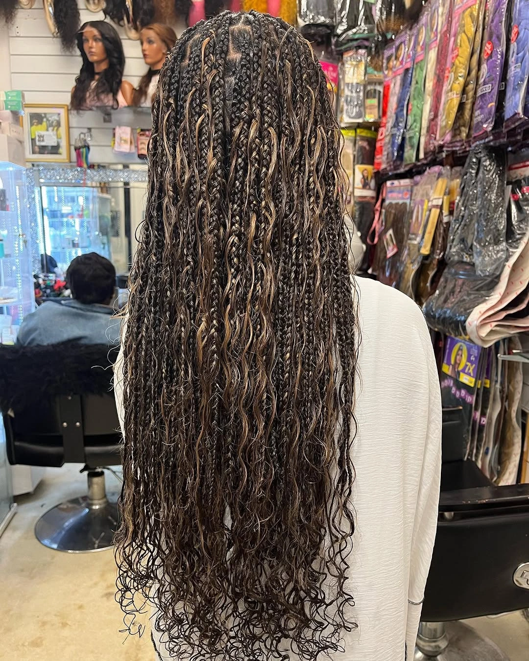 Very long fine braid-like lengths with curly lower ends