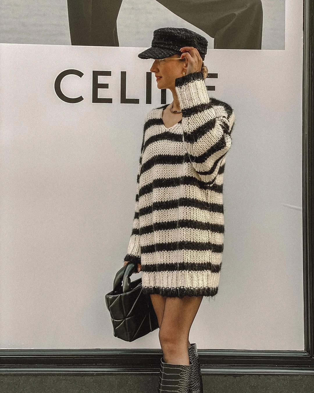 Oversized black and white striped sweater with cap and boots