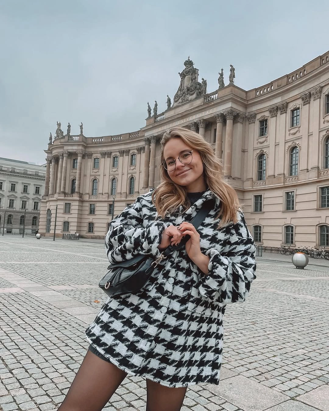 Black and white houndstooth outer layer with dark tights