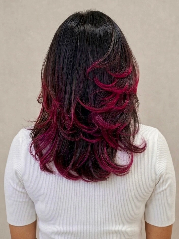 Black hair with vivid magenta-pink lower layers