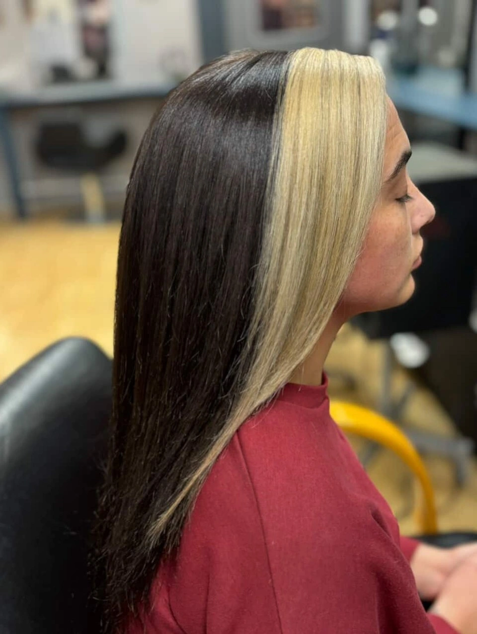 Long dark hair with platinum-looking front panel