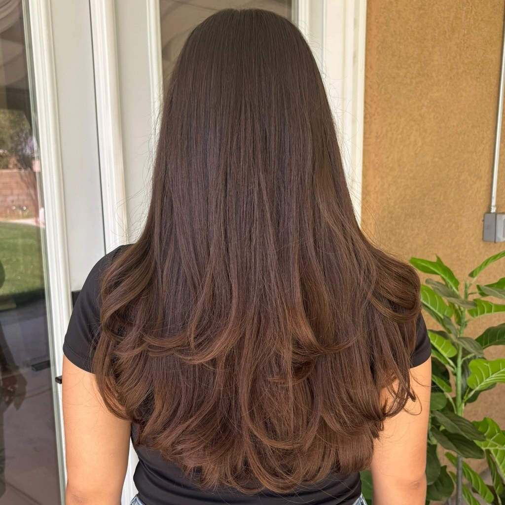 Long dark brown waves with lighter front pieces and center part