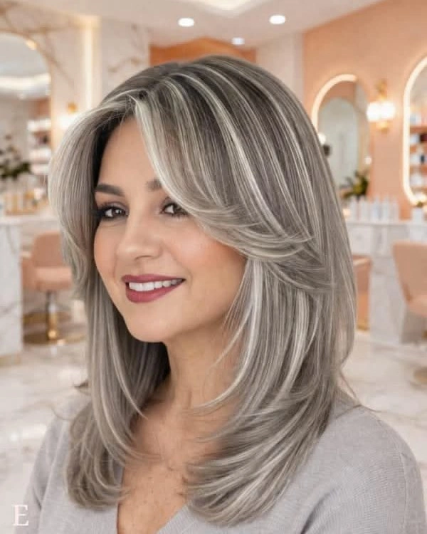 Long beige blonde waves with center part and side layers
