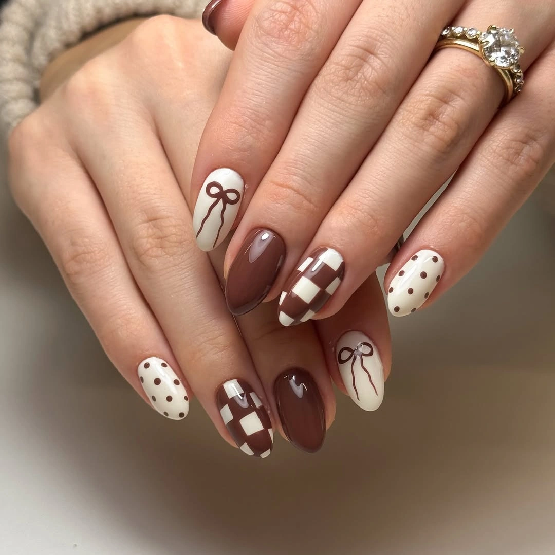 Almond nails with brown bows checks dots and solids