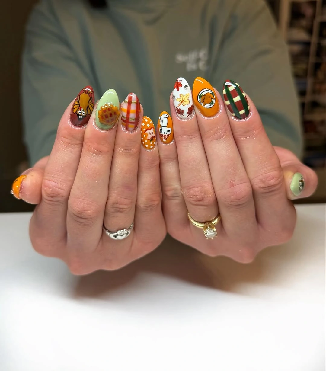 Colorful almond nails with plaid dots stripes and small motifs