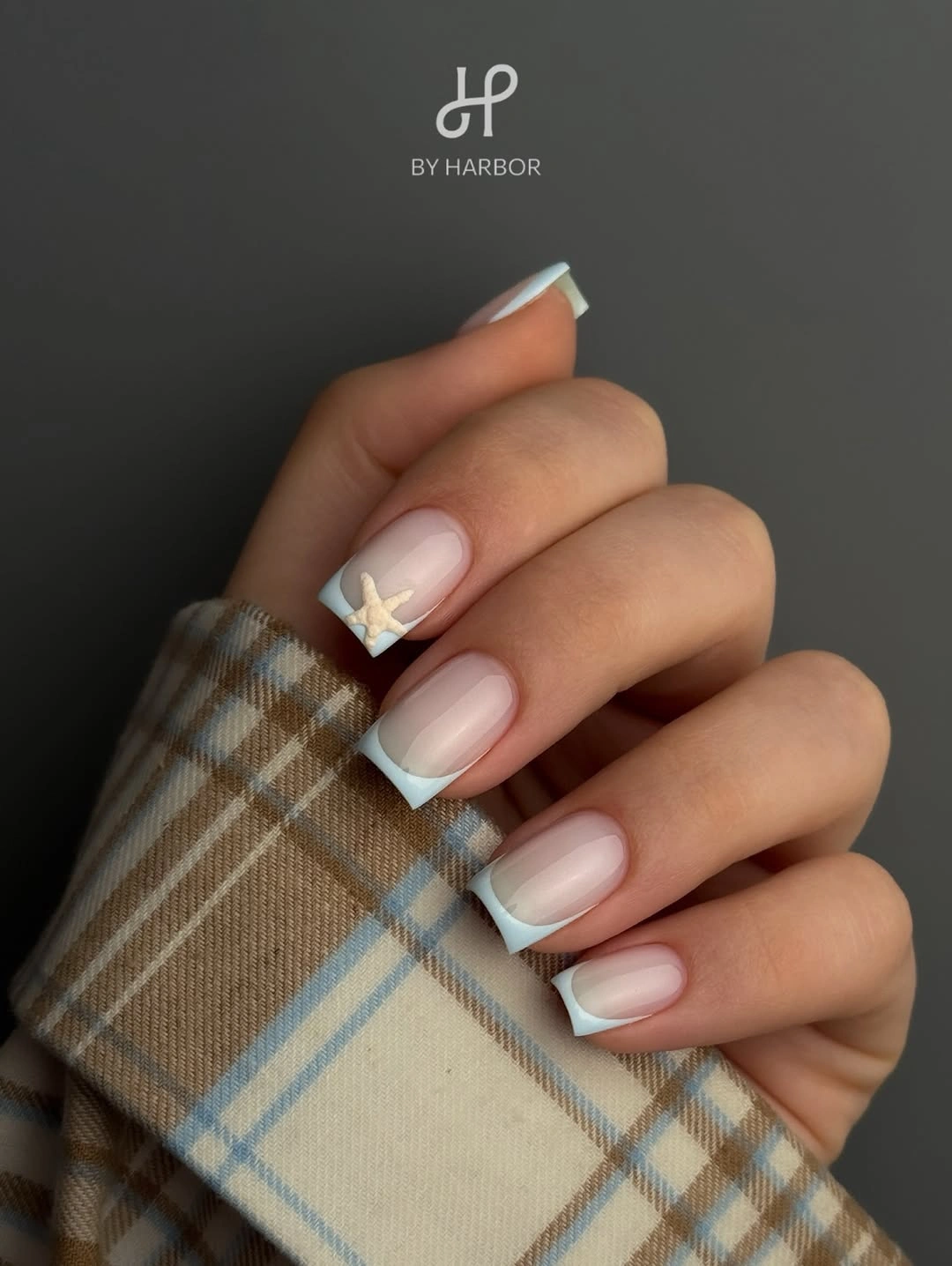 Nude nails with pale blue French tips and white accent