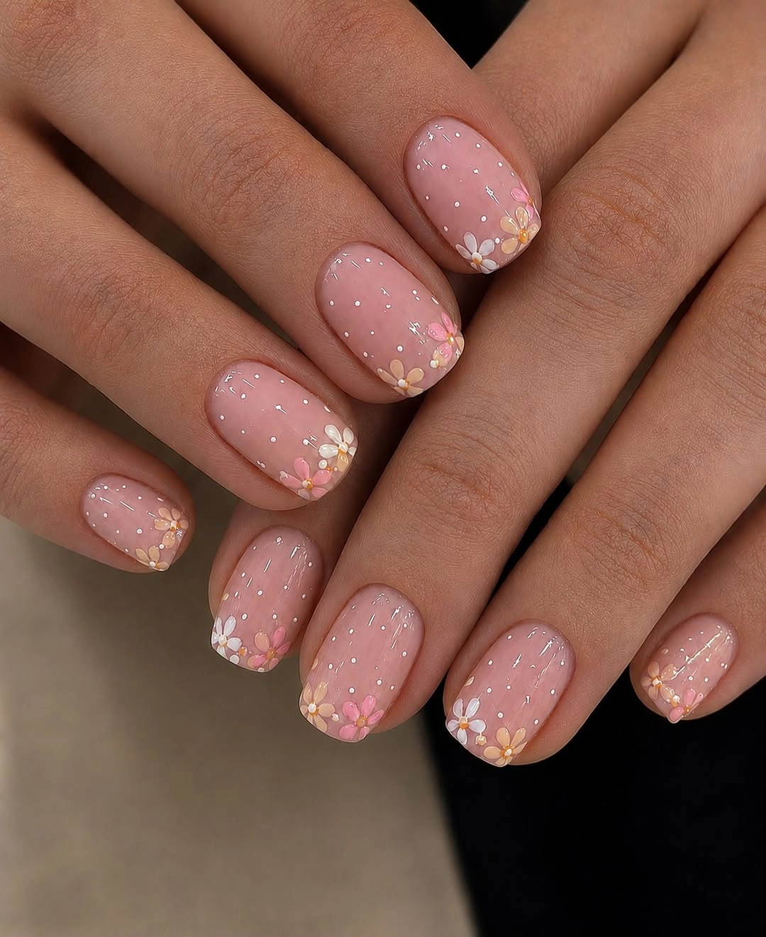 Nude pink short nails with dots and small flower clusters
