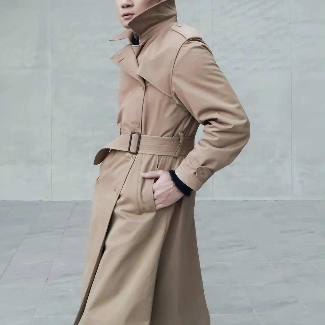 Taupe belted long coat with high turned collar