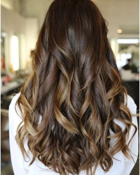 Rear view of long brown wavy layered hair with lighter pieces