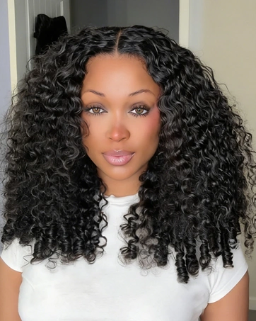 Middle-parted shoulder-length black curls with rounded sides
