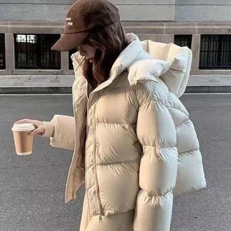 Cream beige hooded puffer with brown cap and cup