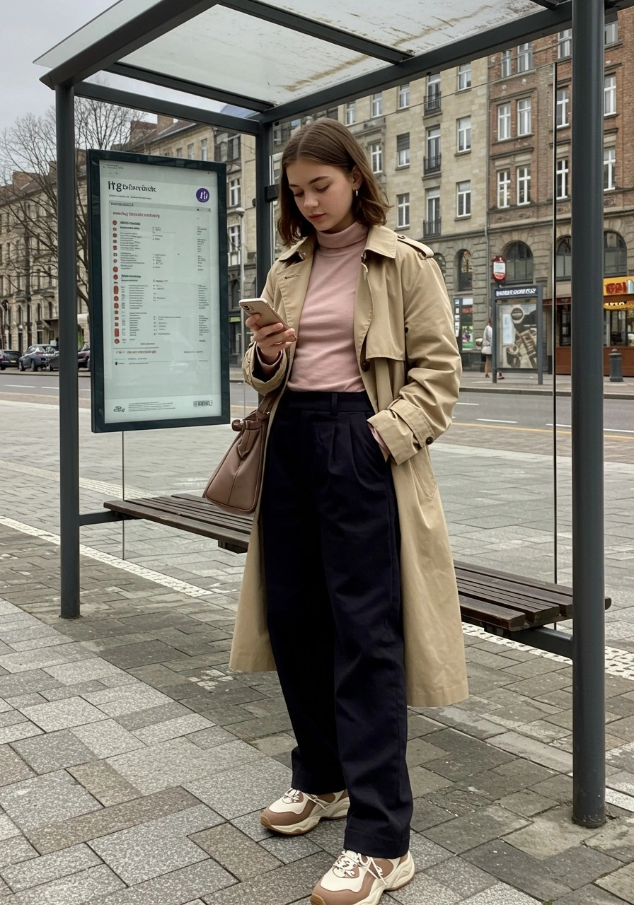Beige trench coat with pink top, dark trousers, and sneakers