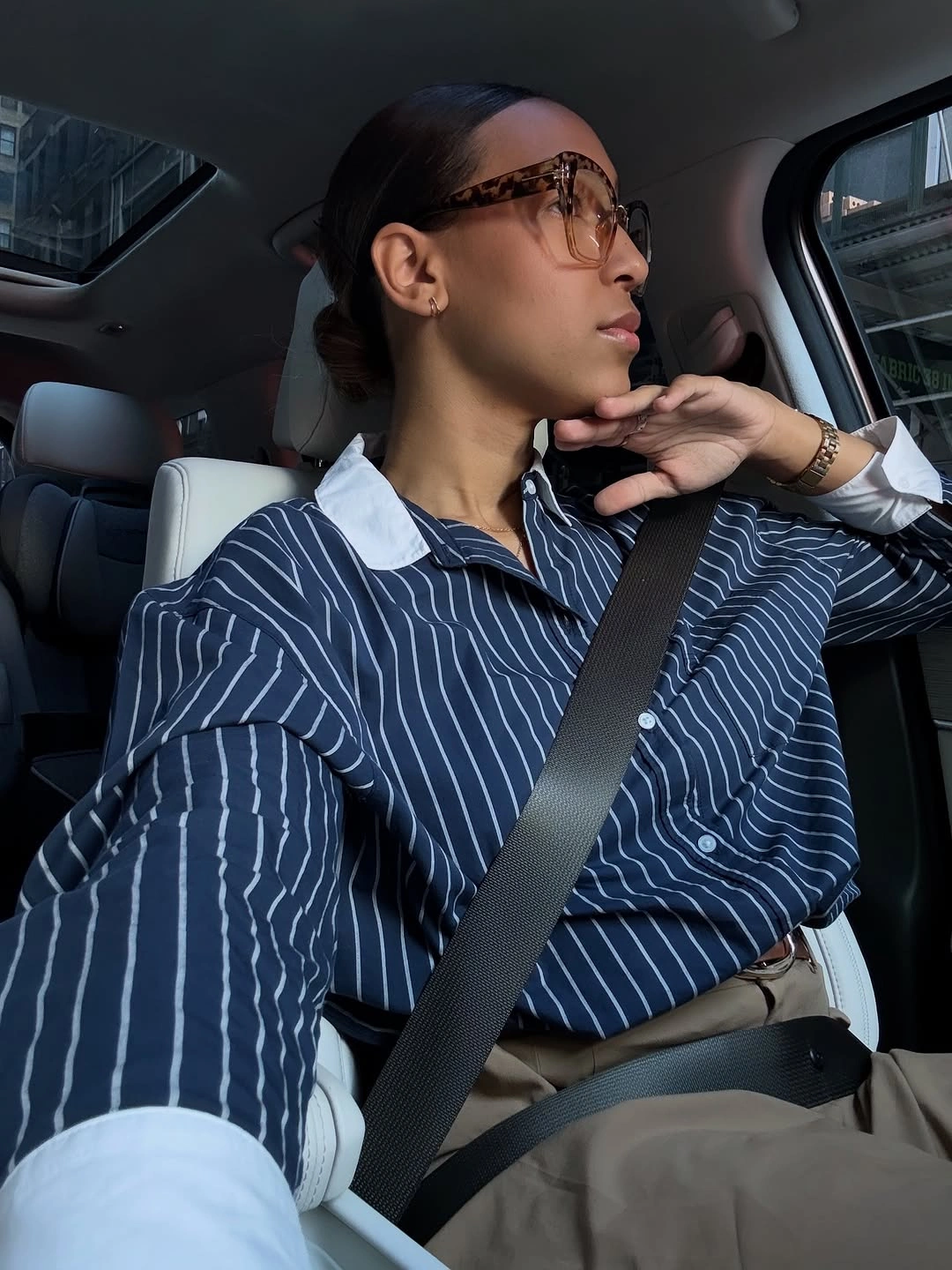 Navy striped oversized shirt with white collar and cuffs