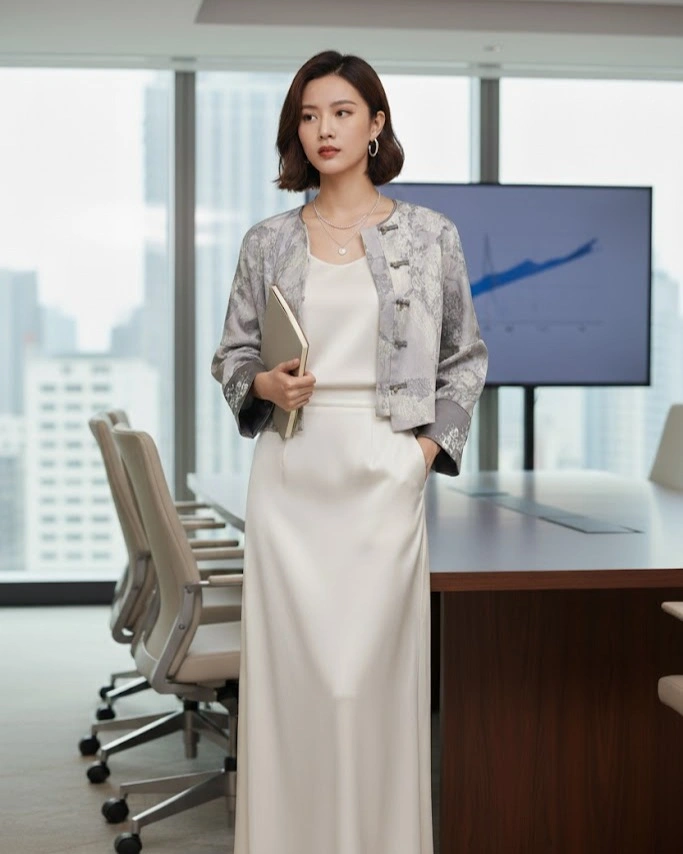 Pale patterned jacket over cream top and long skirt