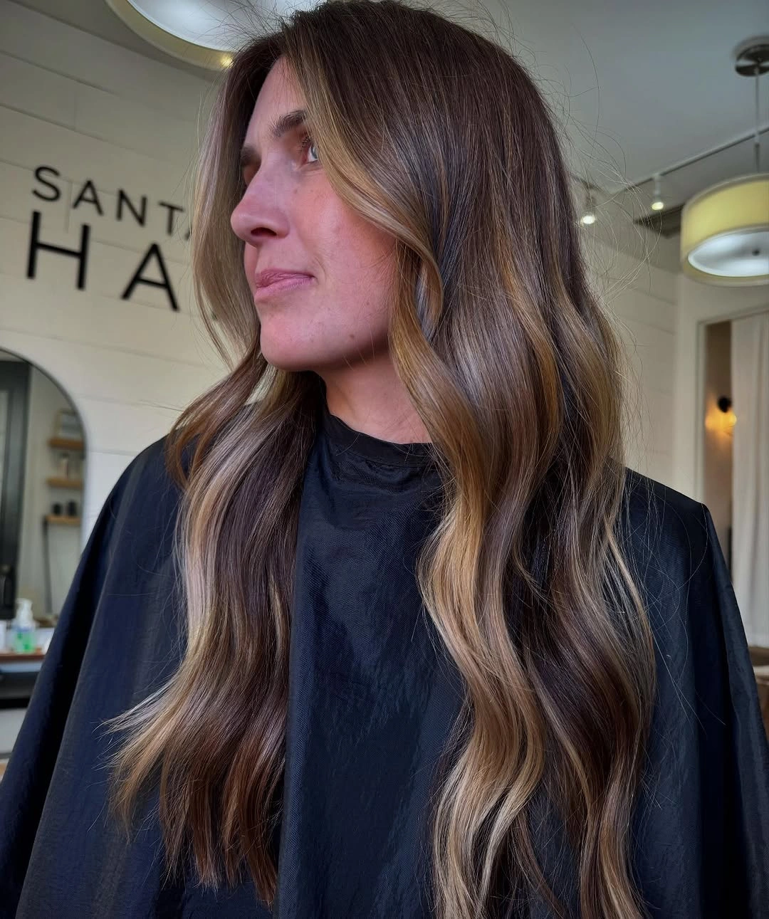 medium brown waves with broad honey ribbons at the front and ends