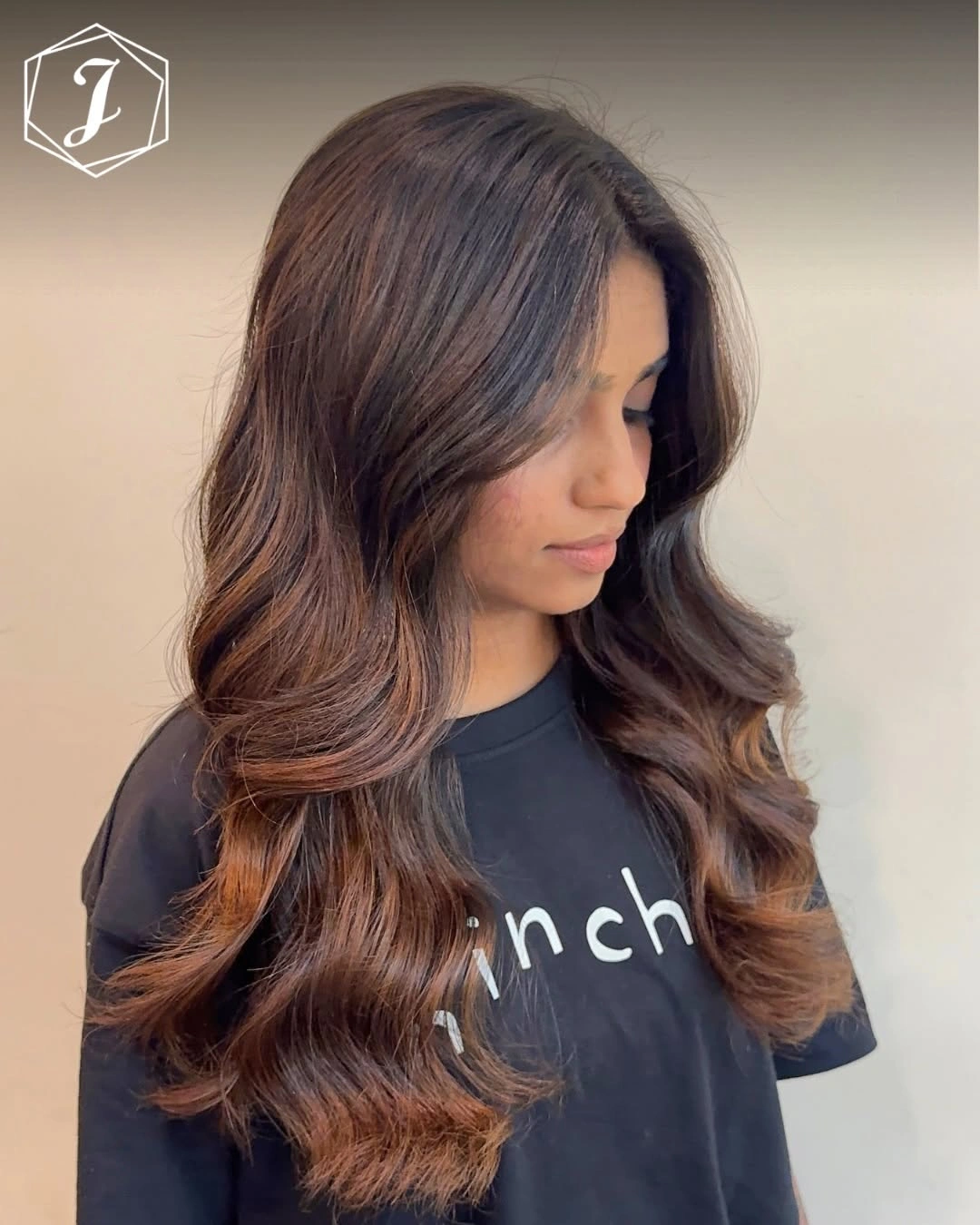 chestnut waves with warm caramel-copper ends
