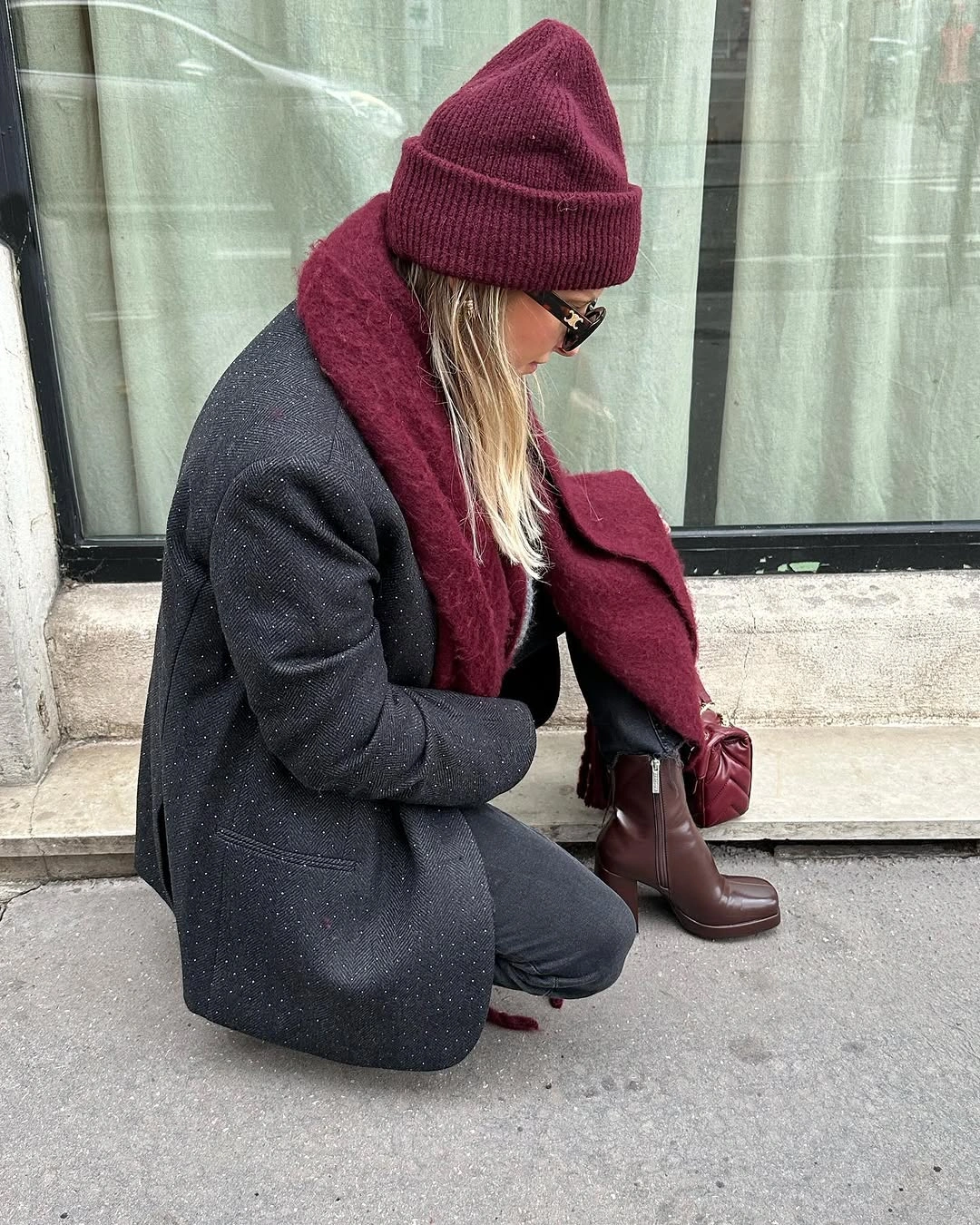 charcoal coat with burgundy beanie scarf and ankle boots