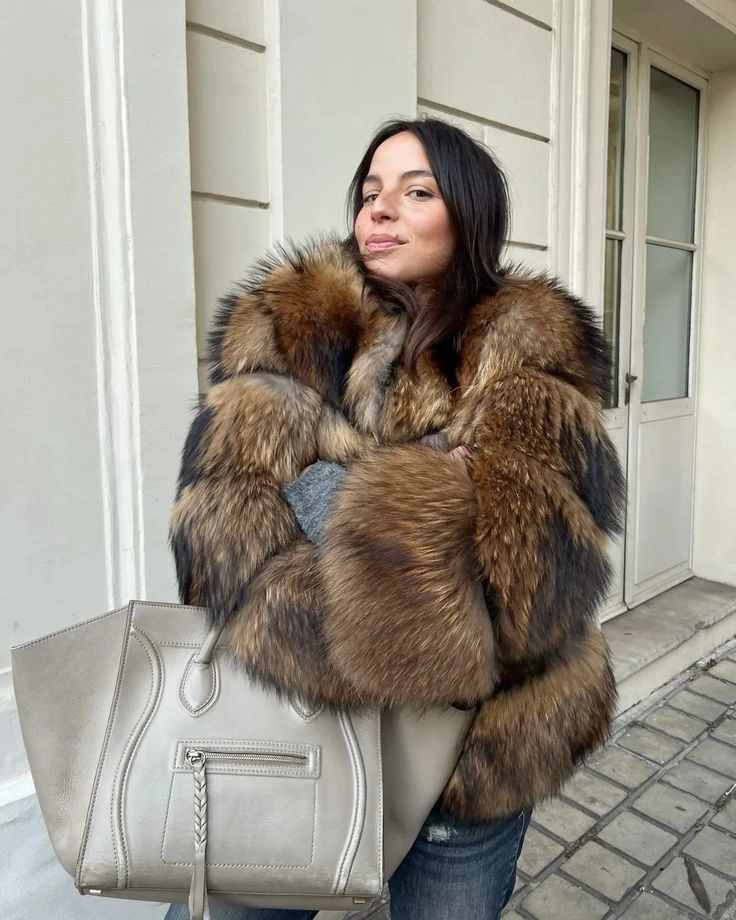 Cropped brown-gray textured jacket with jeans and large pale tote