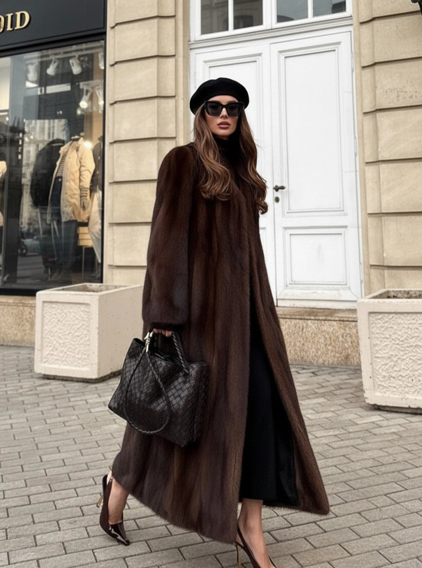 Long dark brown textured-looking coat with beret, bag, and pointed heels