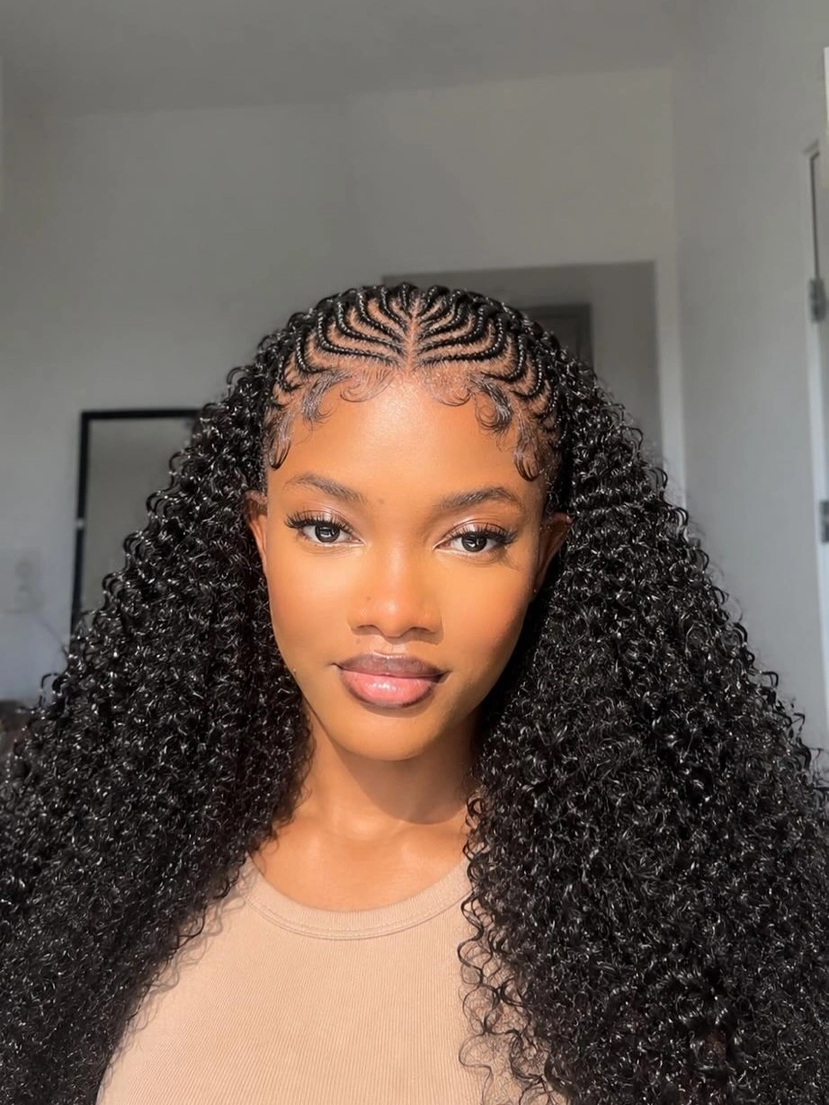 Black curls with scalp braided front pattern