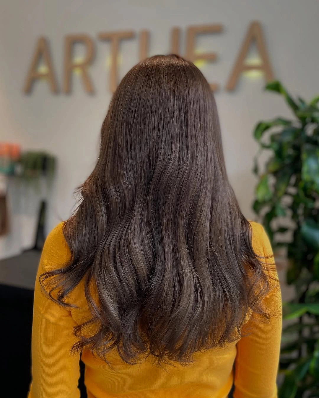 Long ash-brown wavy hair with a center part and layers