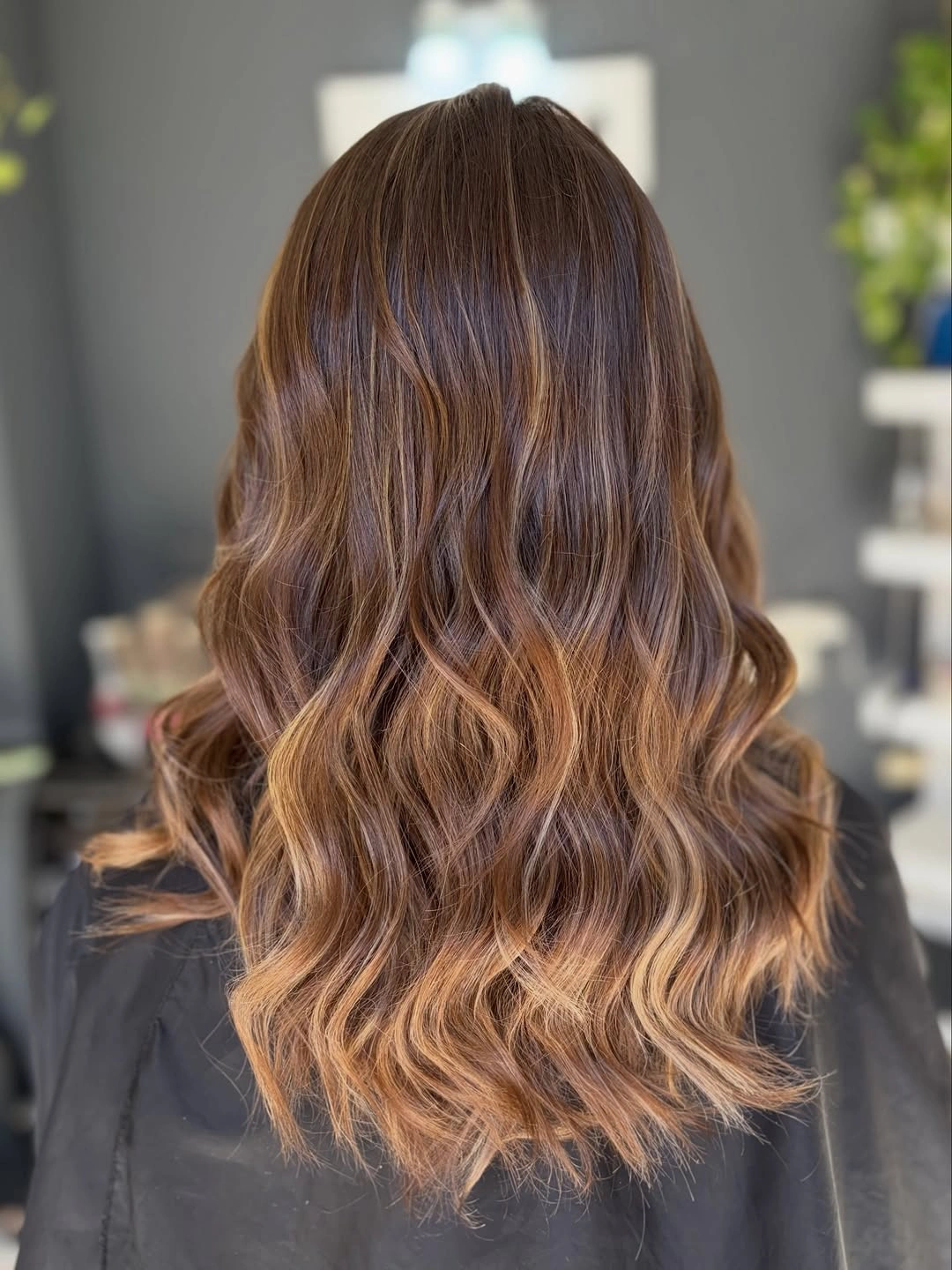 Medium-length brown wavy hair with warmer ends seen from the back