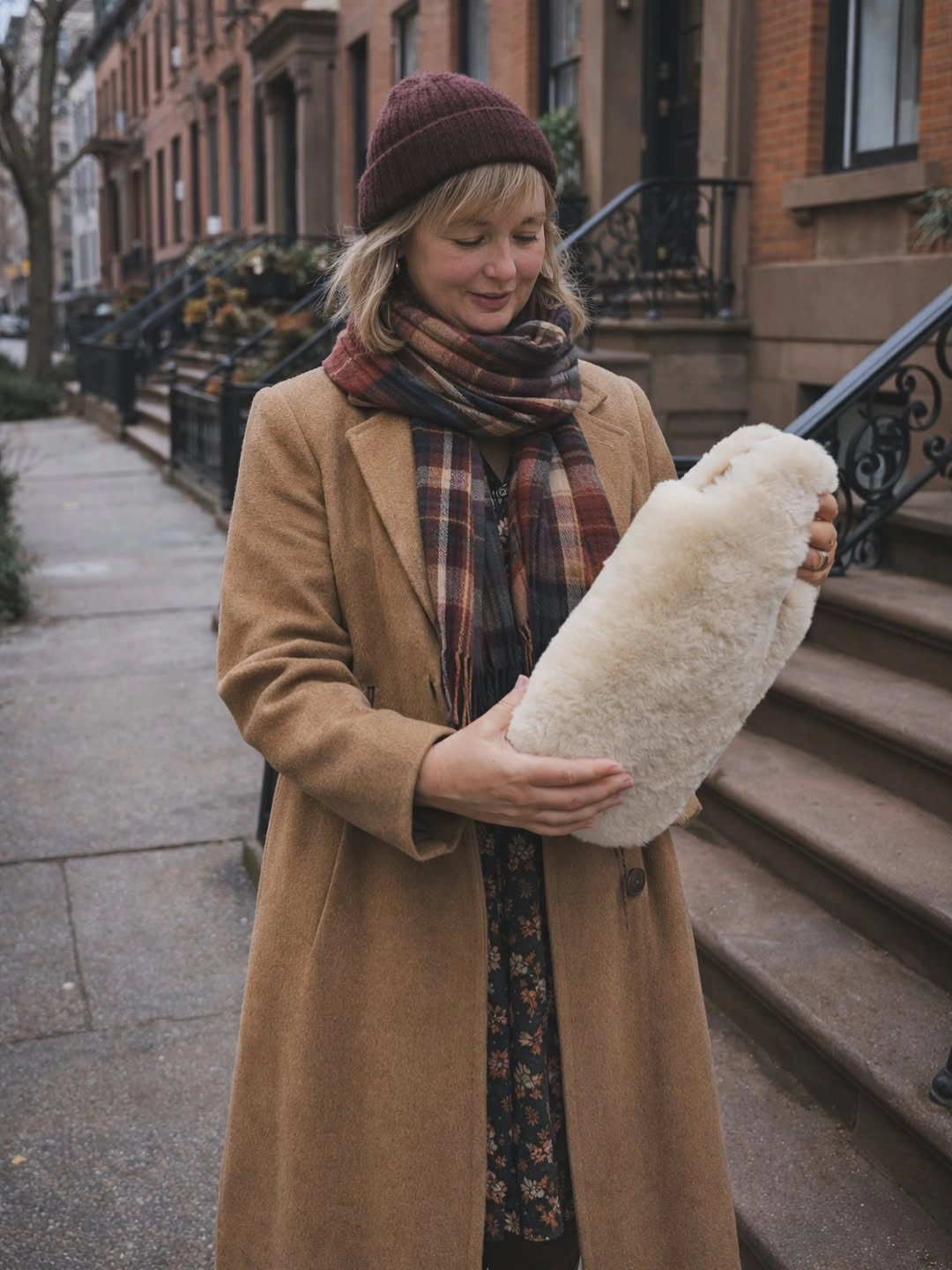 Woman in camel coat, burgundy beanie, plaid scarf, and patterned layer