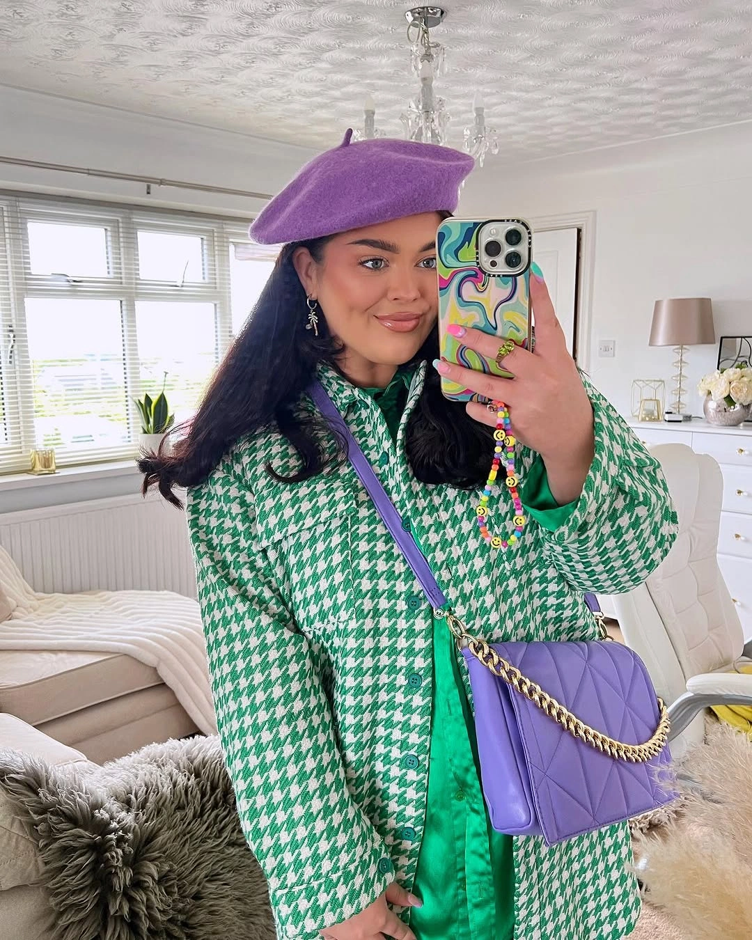 Green houndstooth coat, purple beret and lavender quilted bag
