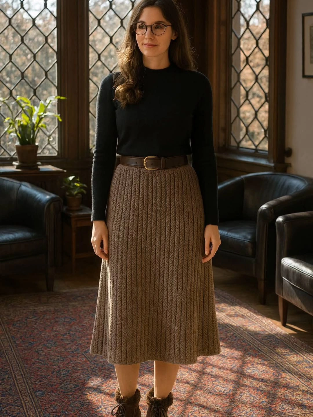 Black high-neck top with belted brown chevron skirt and ankle boots