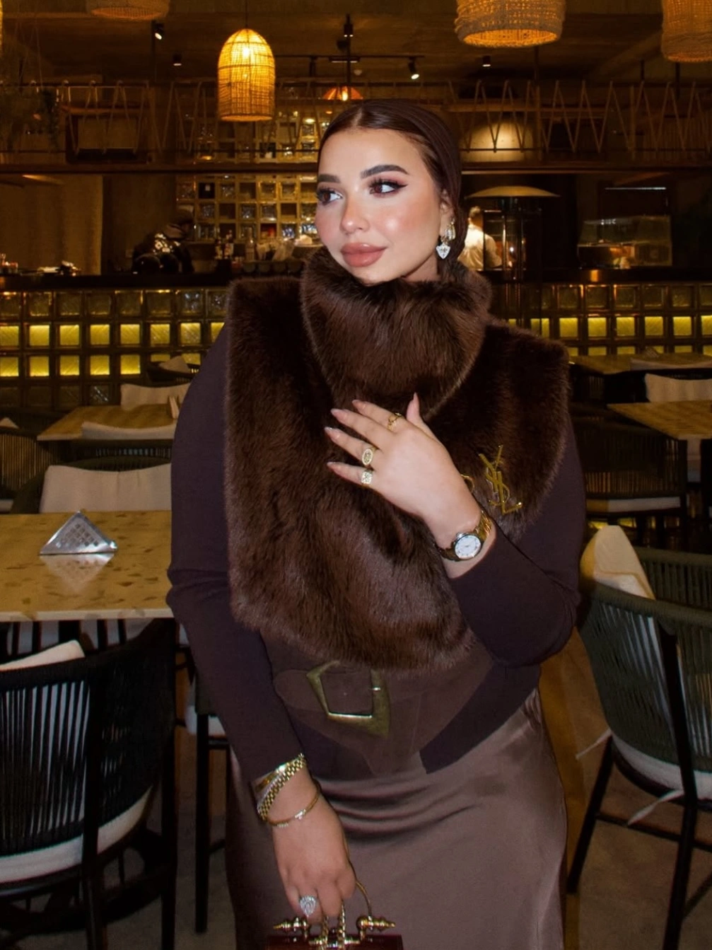 Plush brown vest with fitted dark sleeves taupe lower garment and jewelry
