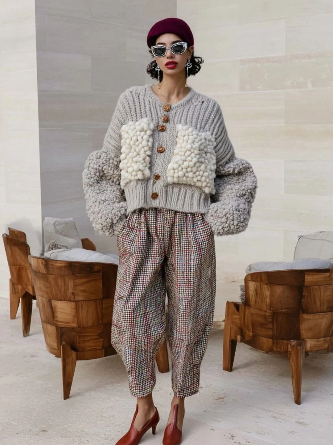 Gray textured cardigan with checked trousers burgundy beret and pointed heels