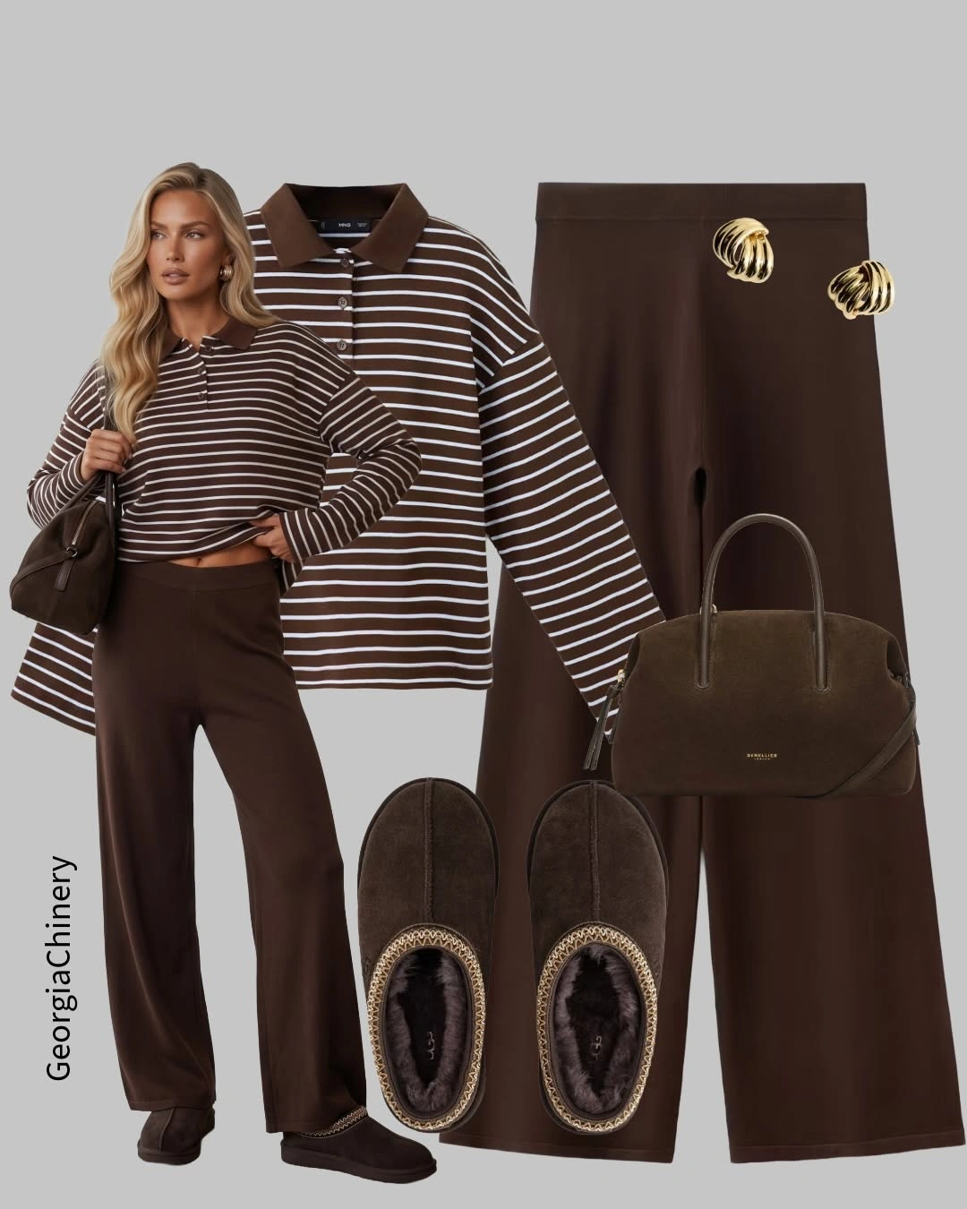 Brown striped collared top with wide-leg trousers, bag, and slip-ons