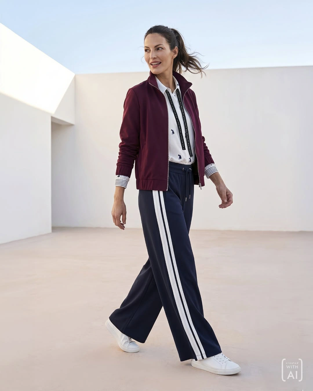 Burgundy jacket with striped navy trousers and white sneakers