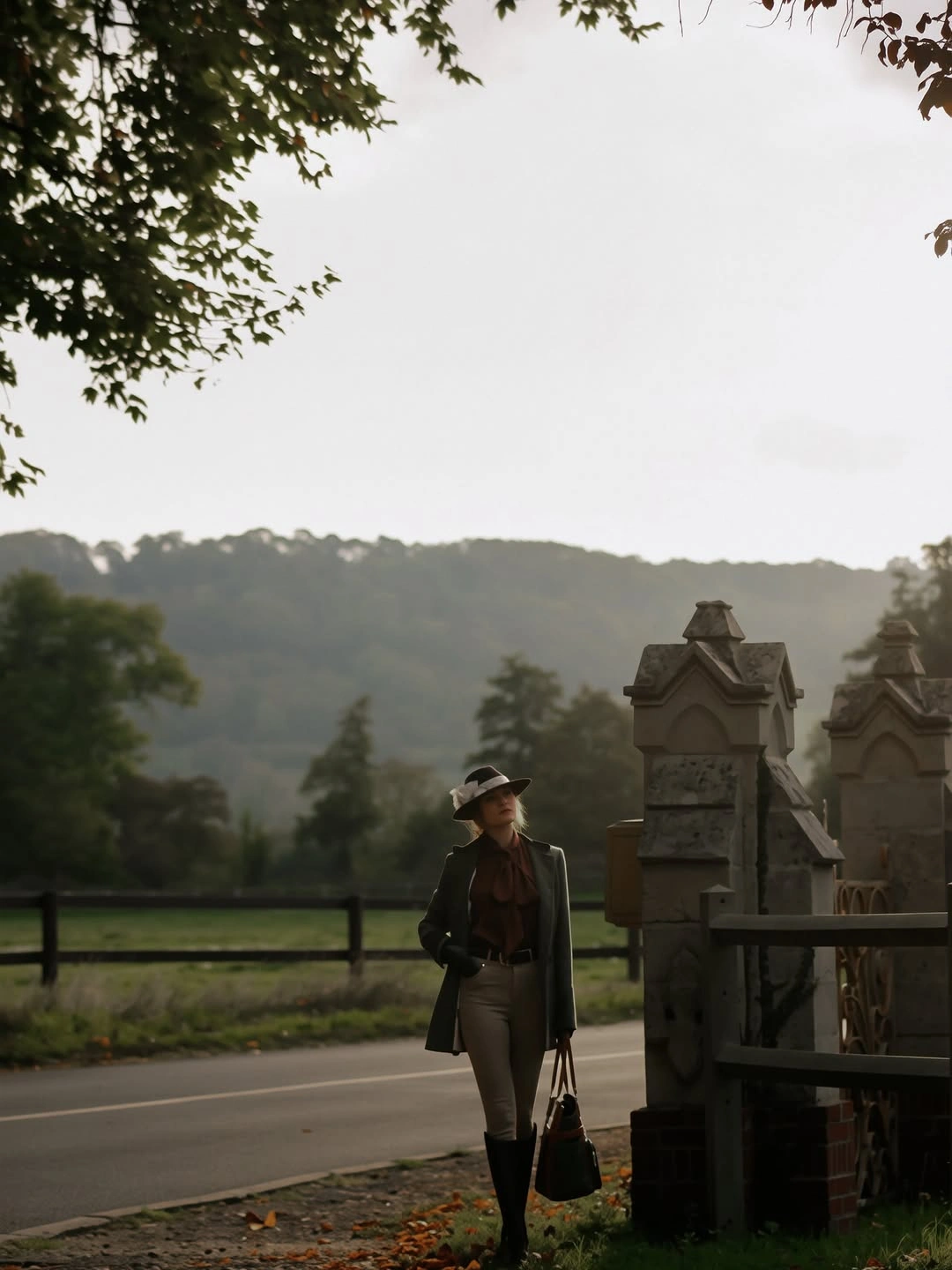Dark green coat and taupe trousers with brimmed hat and tall boots