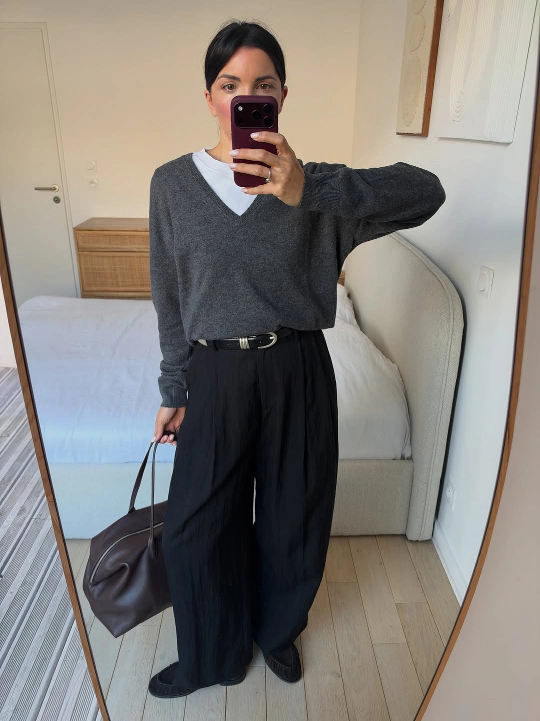 Charcoal V-neck sweater white shirt black trousers and brown handbag