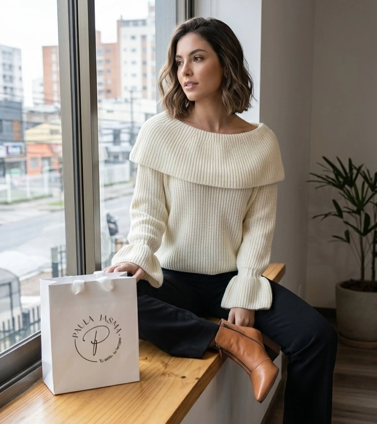 Ivory ribbed sweater folded neckline dark trousers and brown pointed boots