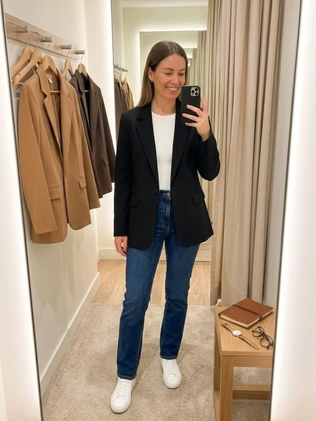 Black blazer over white top with blue jeans and white sneakers